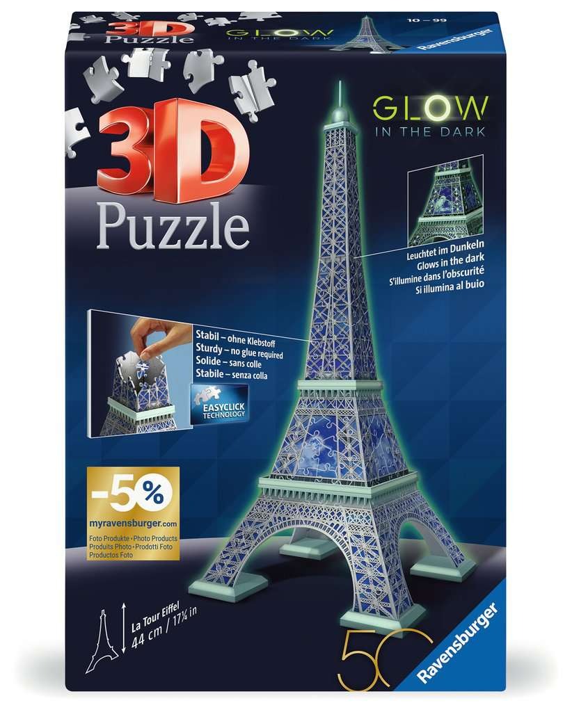 Eiffel Tower 50th Anniversary Glow in the Dark 3D Puzzle 216pc Ravensburger Jigsaw