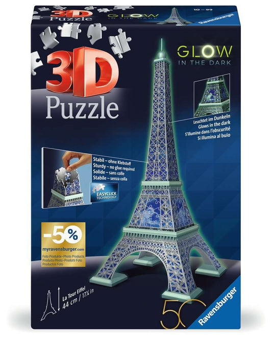 Comóradh 50 Bliain Túr Eiffel Puzal 3D Glow sa Dorchadas 216pc Ravensburger Jigsaw