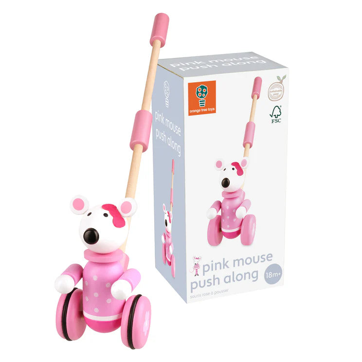 Orange Tree Toys Wooden Push Along Pink Mouse