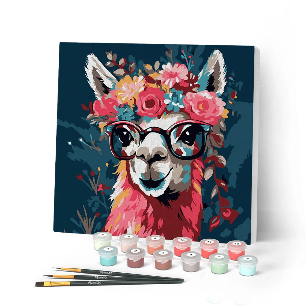 Mini Paint By Numbers Llama & Flowers 20x20cm Framed Canvas