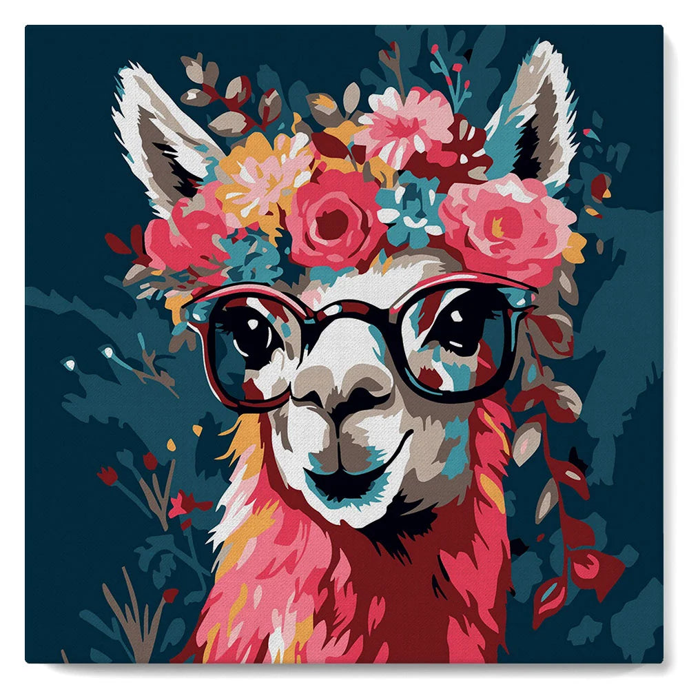 Mini Paint By Numbers Llama & Flowers 20x20cm Framed Canvas